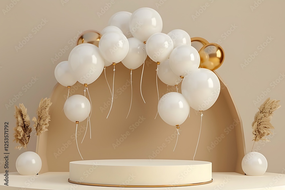 3D render of a podium with white and gold balloons, elegant beige arch background for product display.