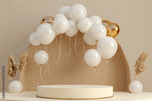 Obraz na płótnie 3D render of a podium with white and gold balloons, elegant beige arch background for product display. w salonie