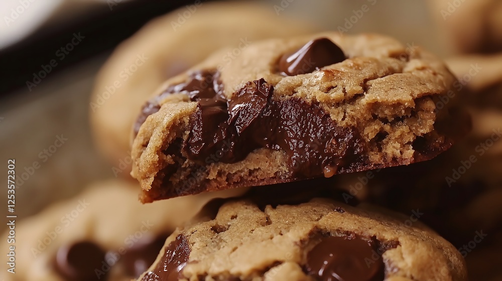 Stack of Decadent Chocolate Chip Cookies with Melting Chocolate, Macro Shot Stack of Decadent Chocolate Chip Cookies with Melting Chocolate, Macro Shot