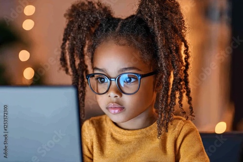Empowering Futures Capture the heartwarming scene of an African American child studying online at home, embracing digital learning with focus and determination This evocative image highlights the