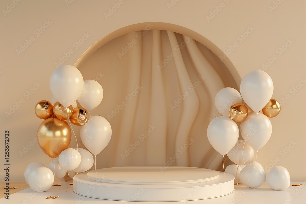 3D render of a podium with white and gold balloons, elegant beige arch background for product display.