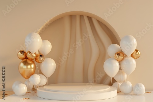 Obraz na płótnie 3D render of a podium with white and gold balloons, elegant beige arch background for product display. w salonie
