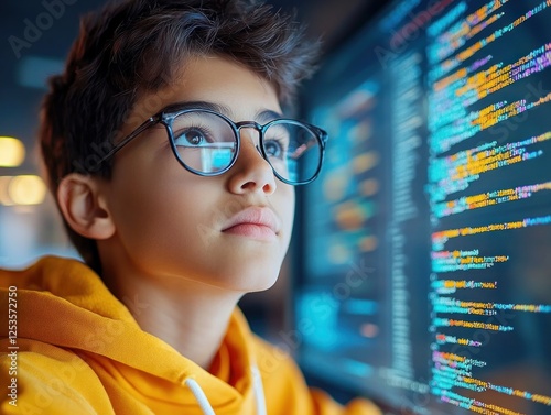 Empowering Future Coders Witness a dedicated Student in glasses concentrating on an online programming course, fully immersed in the digital realm Discover the focus and determination of young minds