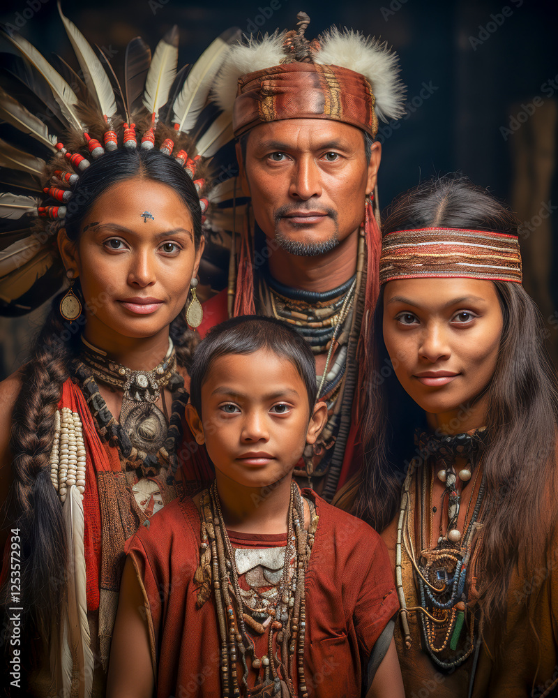 Indigene Familie in traditioneller Kleidung, Indianer, Generative AI