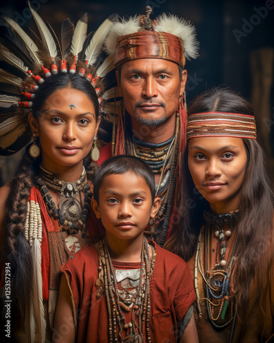 Obraz na płótnie Indigene Familie in traditioneller Kleidung, Indianer, Generative AI w salonie