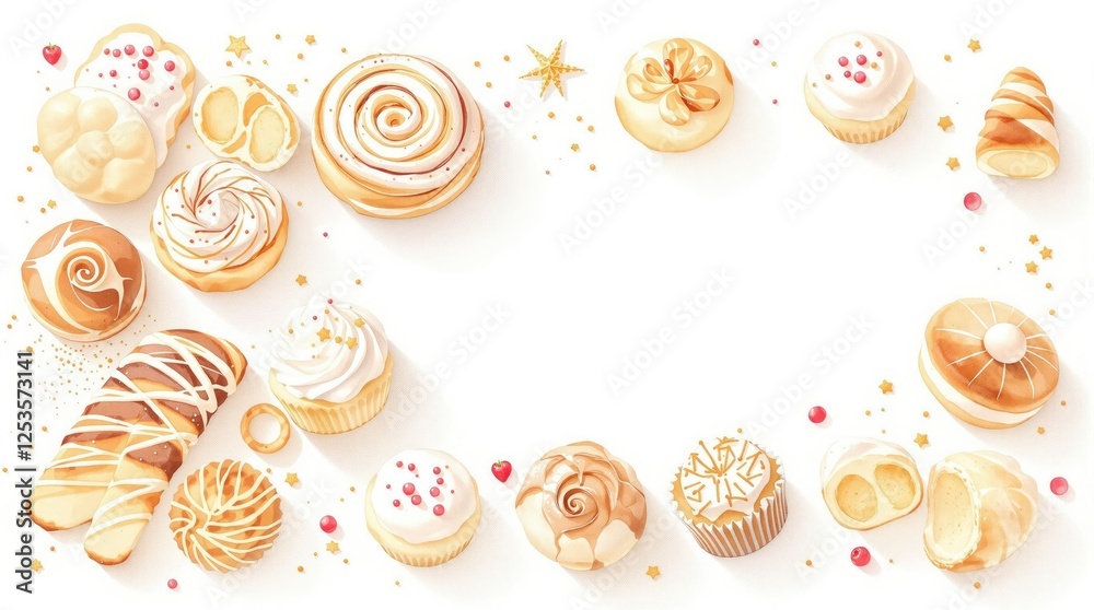 A whimsical watercolor design featuring a mix of pastries like cinnamon rolls, palmiers, and cream puffs on a blank canvas, palmier, gourmet