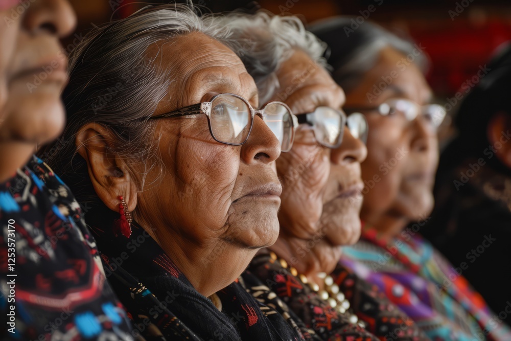 Fototapeta premium Group of indigenous women wearing traditional clothes and face paint listening to a speaker during a meeting