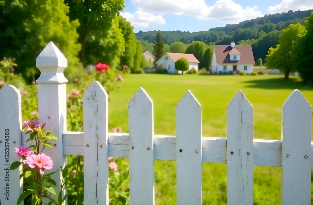White wooden fence close up, houses in the background White wooden fence close up, houses in the background