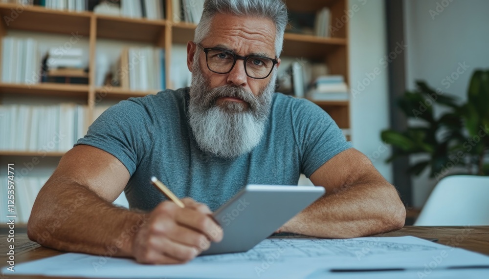 Experienced Architectural Engineer Working on Blueprints, intently focused with a Tablet in hand, reviews structural designs for innovative building projects Detailed architectural plans spread