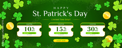 St. Patrick's Day Sale Coupon promotion banner vector illustration. Shamrock background