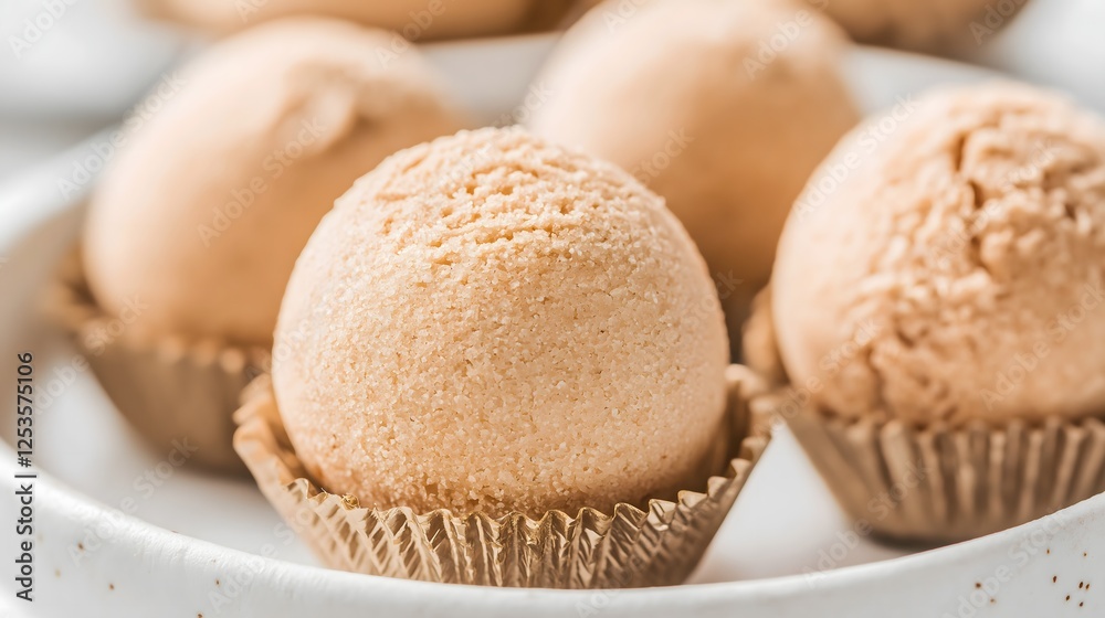 Brigadeiro Brazilian Dessert close-up in Golden Foil Cup on White Plate Brigadeiro Brazilian Dessert close-up in Golden Foil Cup on White Plate