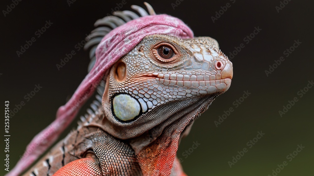 Fototapeta premium Iguana with pink headband, close-up portrait