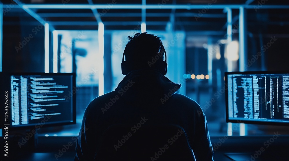 Silhouette of a person with headphones in front of two computer screens displaying code Silhouette of a person with headphones in front of two computer screens displaying code