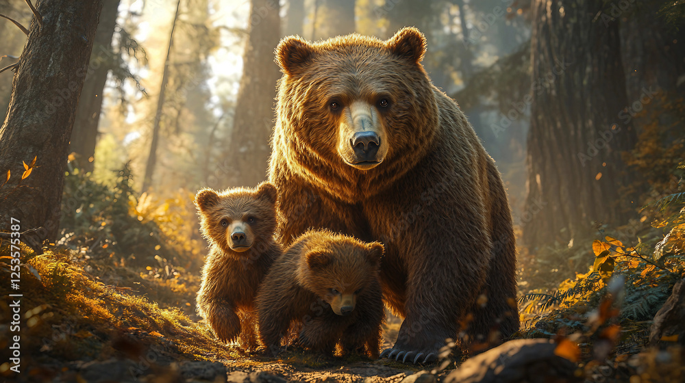 Fototapeta premium Brown bear mother with her two cubs in a breathtaking dense forest. The majestic mother bear stands protectively, her thick fur in rich brown hues, illuminated by soft
