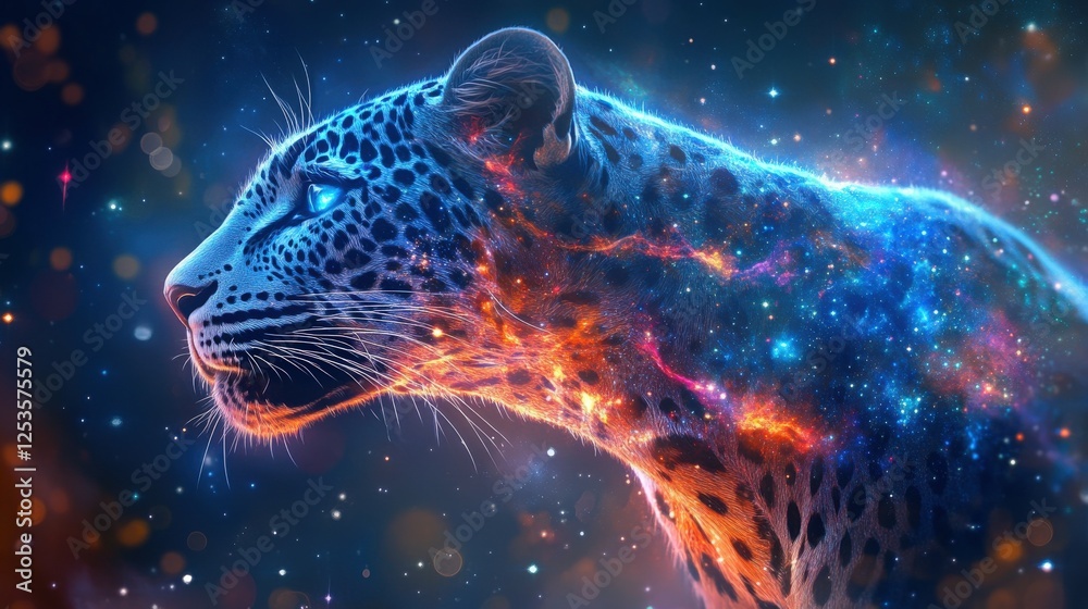 Naklejka premium Leopard with cosmic patterns in vibrant colors