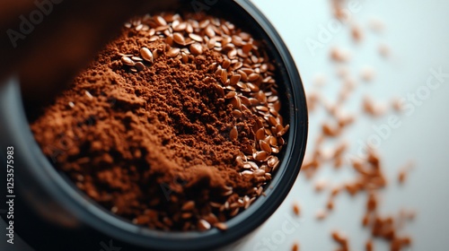 Wallpaper Mural Close-up of Brown Flax Seeds and Powder in a Black Bowl Torontodigital.ca