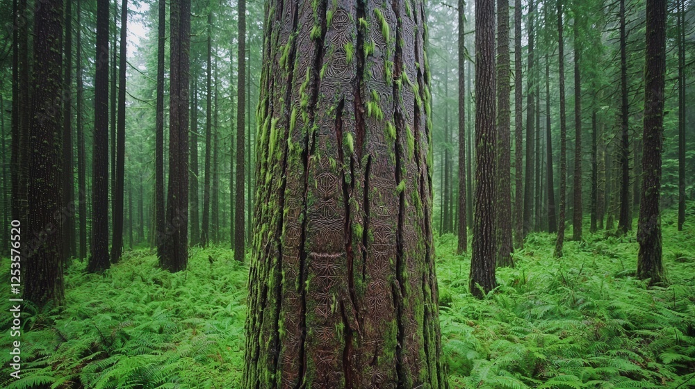 Obraz premium Lush Green Forest with Tall Trees and Mossy Trunks in Foggy Atmosphere