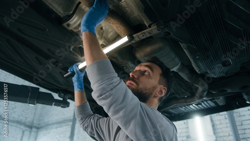 Fotografia Caucasian guy mechanical serviceman working underneath car in garage checking au