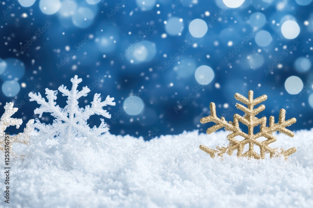 Snowflakes on Winter Surface with Bokeh Background and Blue Tones Snowflakes on Winter Surface with Bokeh Background and Blue Tones