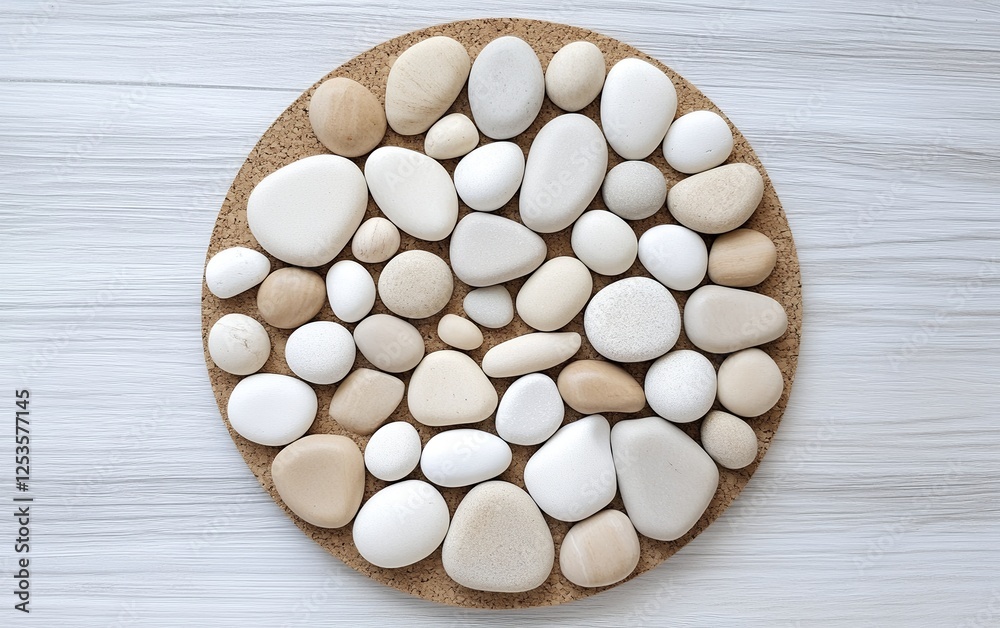 Circular arrangement of white and light beige pebbles on a cork surface for natural stone texture design Circular arrangement of white and light beige pebbles on a cork surface for natural stone texture design