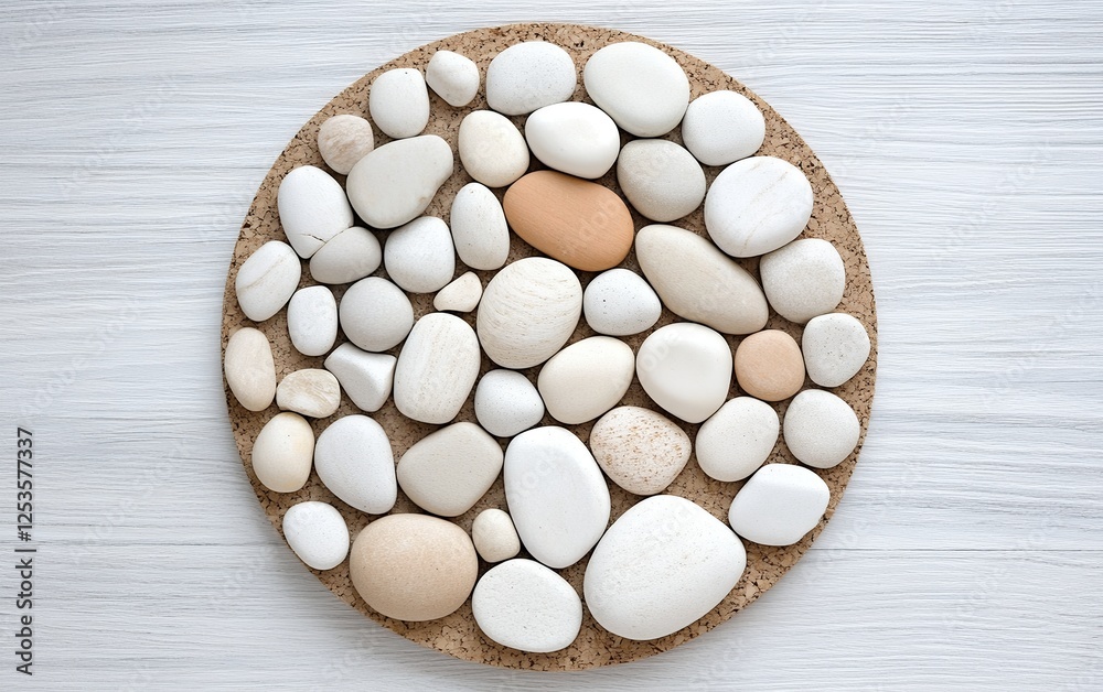 White and light beige stones arranged in a symmetrical pattern on a cork mat with natural smooth texture White and light beige stones arranged in a symmetrical pattern on a cork mat with natural smooth texture