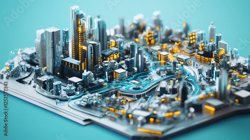 Detailed Miniature Cityscape Model with Glowing Elements and Blue Background Surface photo