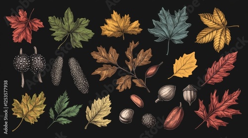 Wallpaper Mural Hand-drawn big vector set of various autumn leaves, rowan, acorn, and chestnut Torontodigital.ca