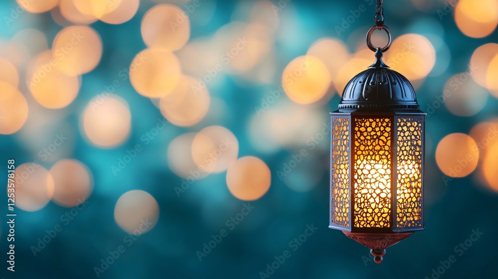 Illuminated Moroccan Lantern Hanging Festive Bokeh Background Ramadan Eid Illuminated Moroccan Lantern Hanging Festive Bokeh Background Ramadan Eid