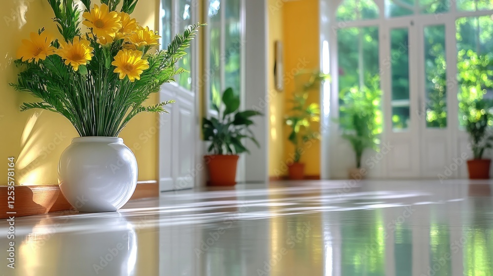 Fototapeta premium Inspiring Modern Workspace Capture the vibrancy of this sun-drenched foyer, an ideal setting for brainstorming or as a calming backdrop during a Large conference workshop for young professionals in a