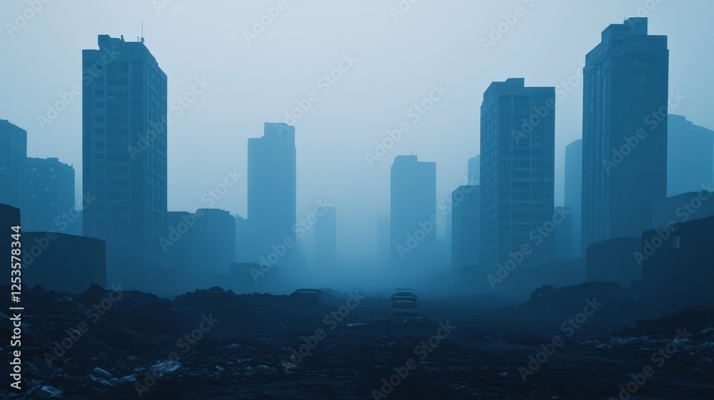 Obraz premium Urban Landscape, Foggy Cityscape with Silhouettes of Tall Buildings