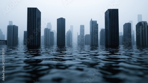 Urban Landscape Underwater in Foggy Atmosphere with Skyscrapers