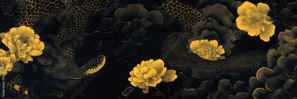 Intricate hand-drawn snake skin with floral patterns for creative banner design Intricate hand-drawn snake skin with floral patterns for creative banner design