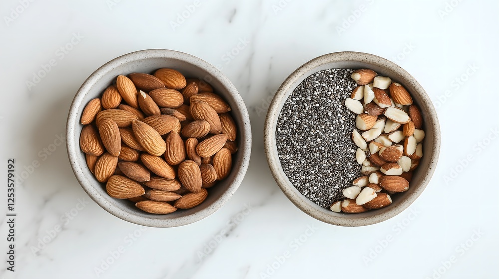 Two Bowls of Almonds and Chia Seeds on a Marble Surface for Breakfast Two Bowls of Almonds and Chia Seeds on a Marble Surface for Breakfast