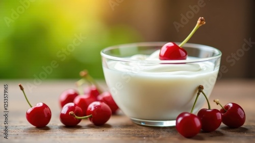 Wallpaper Mural Creamy Yogurt with a Single Sweet Cherry Topping, Surrounded by Fresh Red Cherries on Rustic Wood Torontodigital.ca