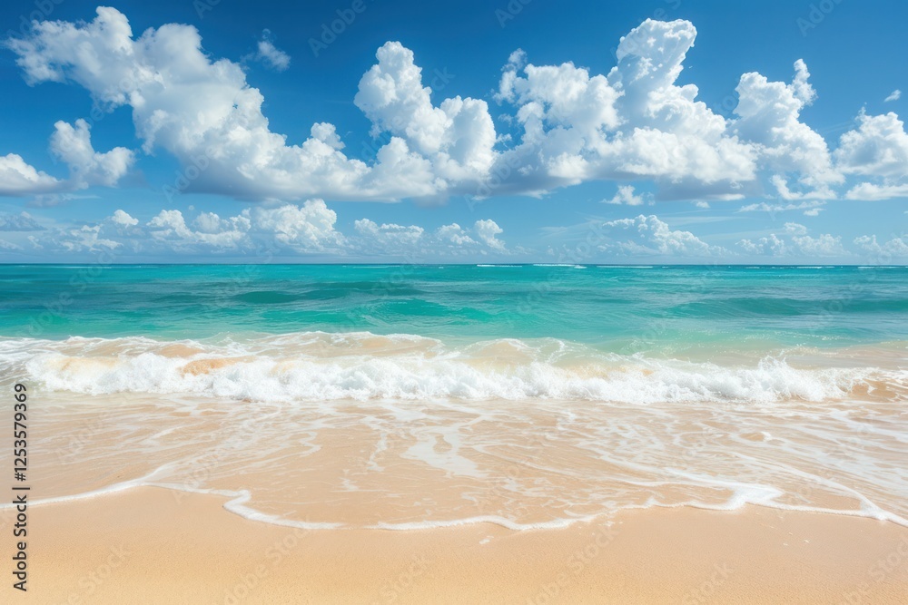 beach. Blue sky with light clouds turquoise ocean with rolling surf with white foam water bubble surface ripple tropical crystal clear beach. Blue sky with light clouds turquoise ocean with rolling surf with white foam water bubble surface ripple tropical crystal clear