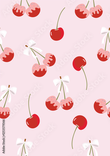 Melt white chocolate on red cherry with rain bow sprinkles on top.Vector seamless pattern.