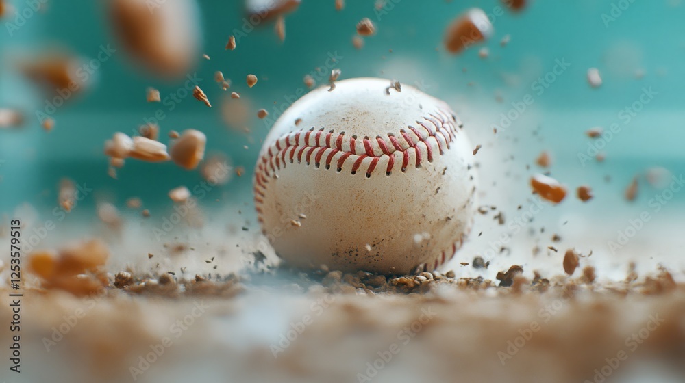 Dynamic baseball action, bat strikes ball, creating a dramatic dirt explosion on the field Dynamic baseball action, bat strikes ball, creating a dramatic dirt explosion on the field