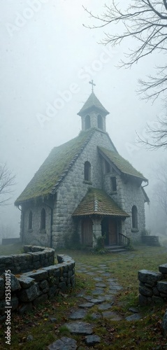 Weathered stone walls and a moss-covered roof conceal a small medieval church hidden in the fog, abandoned, medieval