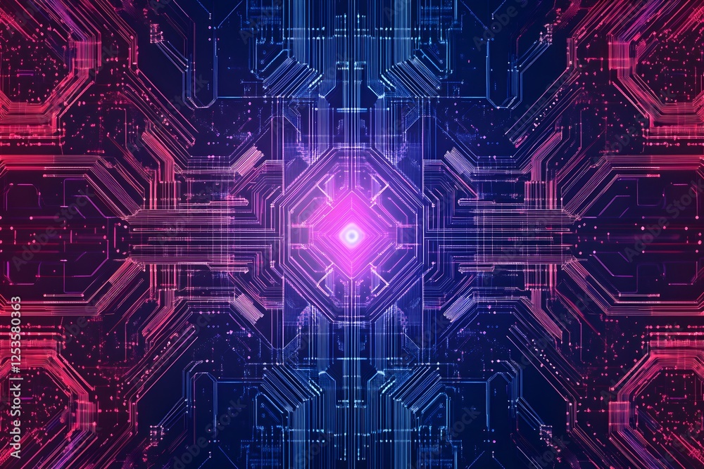 Abstract Circuit Board Design with Glowing Center and Red-blue Lighting Abstract Circuit Board Design with Glowing Center and Red-blue Lighting