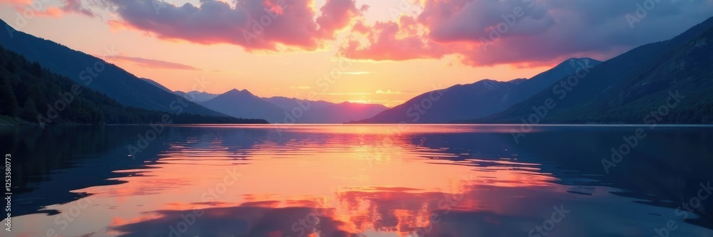 Water surface reflected in the sky at sunrise, lake, water, mountains Water surface reflected in the sky at sunrise, lake, water, mountains