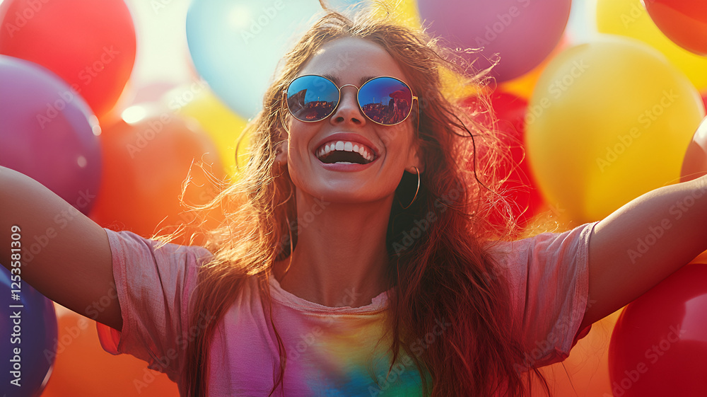 Bright colors and joyful expression capture festive atmosphere with balloons Bright colors and joyful expression capture festive atmosphere with balloons