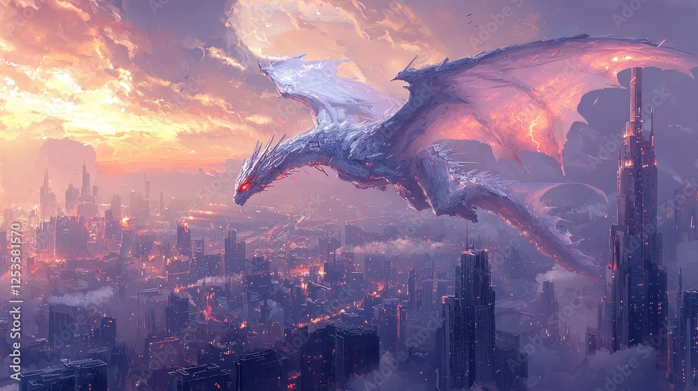 Obraz premium White dragon soaring over futuristic city at sunset; fantasy art