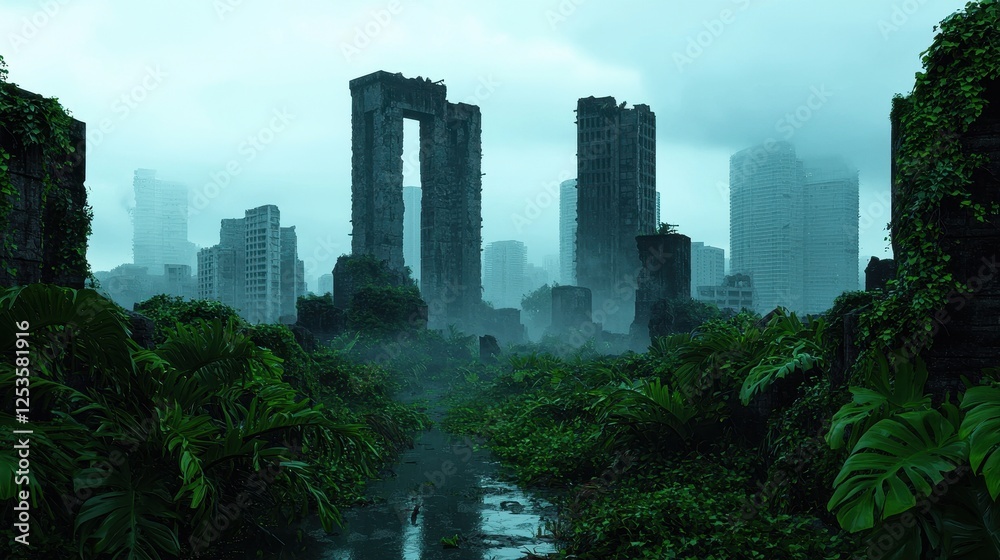 Fototapeta premium Abandoned Urban Landscape Overgrown with Greenery and Fog