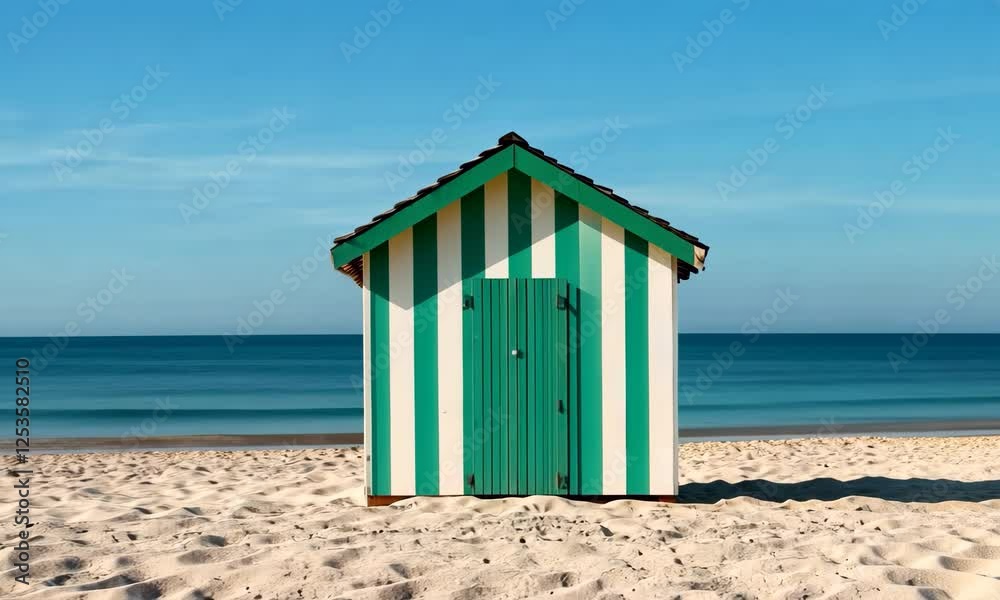 A charming, striped beach hut stands alone on a sandy shore with a breathtaking view of the calm blue ocean under a clear sky, evoking a sense of tranquility and leisure. A charming, striped beach hut stands alone on a sandy shore with a breathtaking view of the calm blue ocean under a clear sky, evoking a sense of tranquility and leisure.