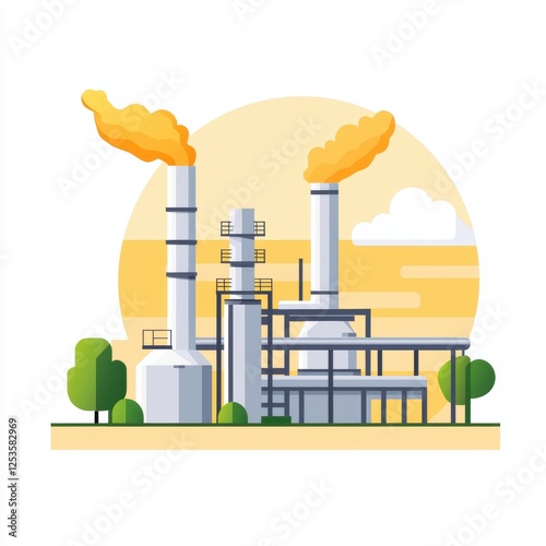 A modern industrial factory with tall smokestacks emitting steam against a yellow sunset backdrop, surrounded by trees. Represents manufacturing, energy production, and innovation. photo