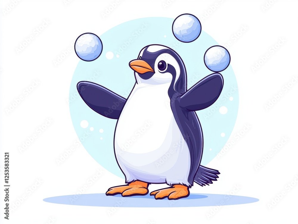 Fototapeta premium A playful cartoon penguin juggling snowballs against a light blue background, showcasing its charming personality and whimsical nature, perfect for children's designs and fun illus