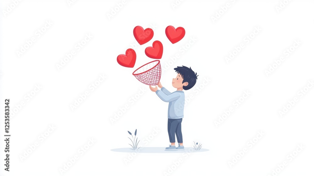 A playful illustration of a child joyfully catching hearts with a net, symbolizing love and affection. This image represents innocence, happiness, and emotional expression. A playful illustration of a child joyfully catching hearts with a net, symbolizing love and affection. This image represents innocence, happiness, and emotional expression.