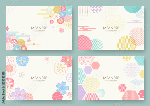春の花と和柄の背景セット