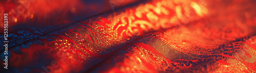 Intricate woven patterns of brocade fabric with metallic threads and vibrant colors photo