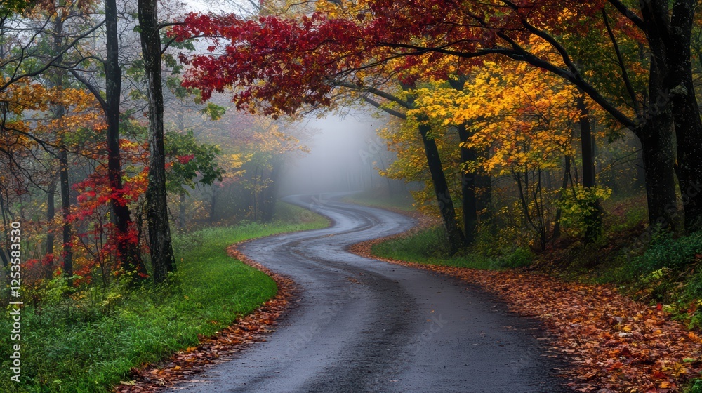 Naklejka premium Serene Winding Road Through Foggy Forest with Autumn Colors